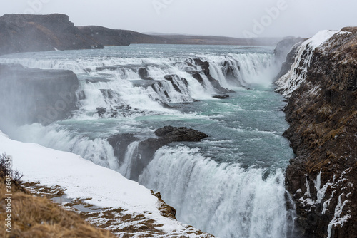 Gullfoss waterfall Iceland, snow, landscape, wild, copy space