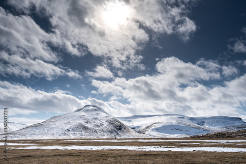 Snowy mountain landscape in Iceland, copy space, glacier