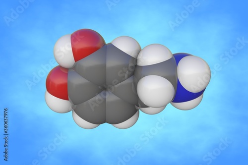 Space-filling molecular model of norepinephrine. Atoms are represented as spheres with color coding: carbon (grey), oxygen (red), nitrogen (blue), hydrogen (white). 3d illustration
