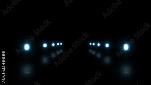 Moving futuristic tunnel with neon lights, takeoff runway,