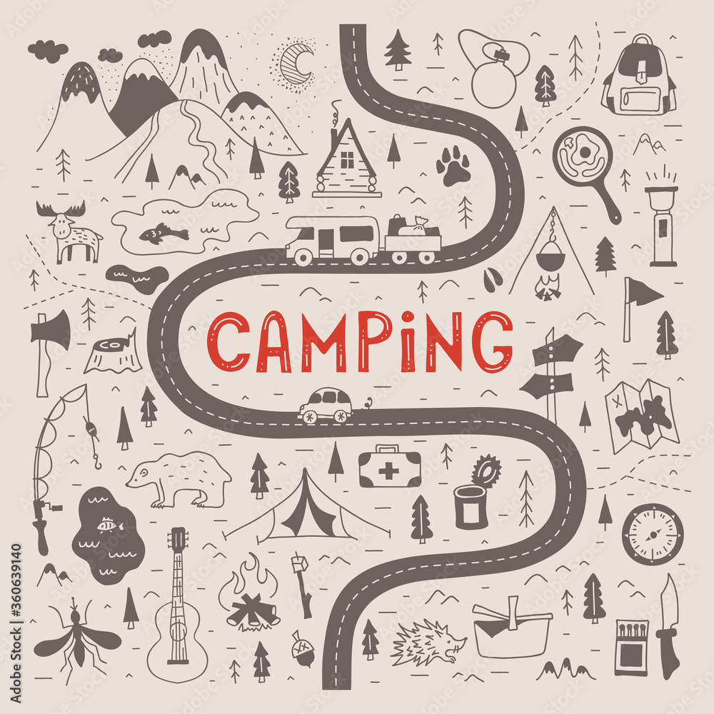 Camping map in vintage style with lettering. Hand-drawn vector  illustration. A tourist route for a trip to nature. Stylized map with  symbols and places to travel for the weekend. Stock Vector