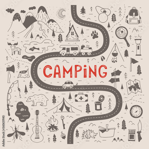 Camping map in vintage style with lettering. Hand-drawn vector illustration. A tourist route for a trip to nature. Stylized map with symbols and places to travel for the weekend.