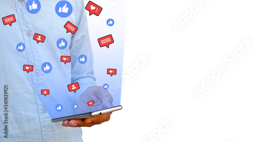 Asian male holding smart phone in hand and swipe screen social media day conceptual