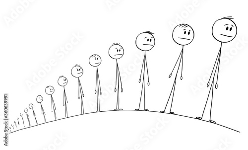 Vector cartoon stick figure drawing conceptual illustration of men or people waiting in long line or queue going behind horizon.