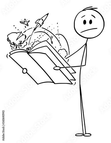 Vector cartoon stick figure drawing conceptual illustration of confused or shocked man reading magazine,journal or newspapers about war, conflict,massacre or attack.