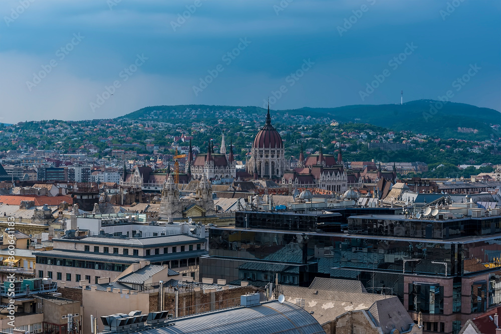 A view from St Stephens Basilica westward across the rooftops in the summertime