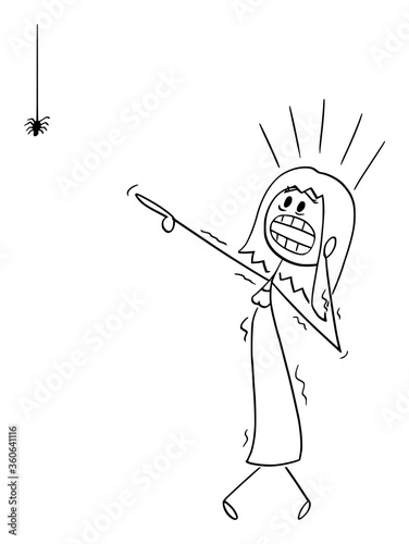 Vector cartoon stick figure drawing conceptual illustration of frightened woman or girl with arachnophobia watching small spider and undergoes panic attack.