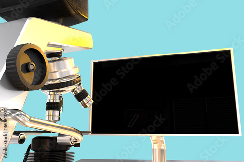 96 MPx high resolution images of microscope and monitor with fictive design isolated on blue - medical 3d illustration, biochemistry research concept