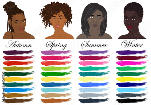 Seasonal color analysis. Set of vector black women with different types of female appearance. Best colors for Autumn, Spring, Summer, Winter