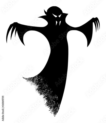 Vector drawing illustration of black silhouette of creepy or spooky Halloween ghost or undead vampire on white background.