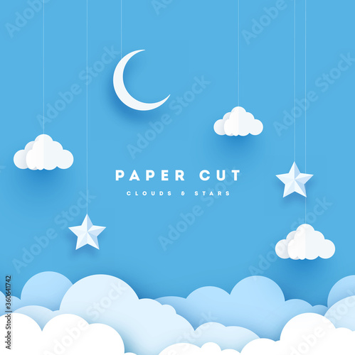 the blue sky. moon, the stars and the clouds hanging on threads. vector illustartion