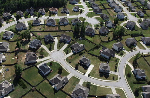 Aerial of modern suburban cul-de-sac street of homes in the eastern United States.