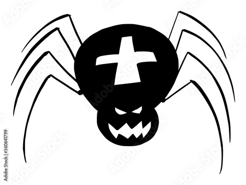 Vector drawing illustration of black silhouette of creepy or spooky Halloween spider on white background.