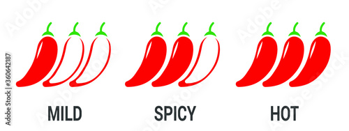 Spicy chili pepper level labels. Vector spicy food mild and extra hot sauce, chili pepper red outline icons. EPS 10.