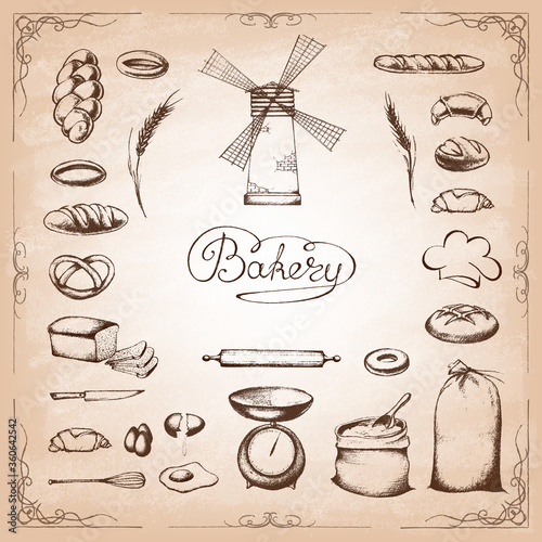 Vintage Bakery Poster. Freehand drawing on old paper bread and other pastries. Retro vintage style food design. Vector illustration.