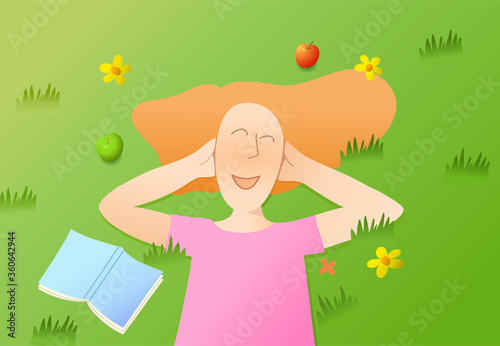 Vector illustration, girl lies on the grass