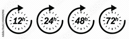 12, 24, 48 and 72 hours clock arrow. Vector work time effect or delivery service time icons. EPS 10