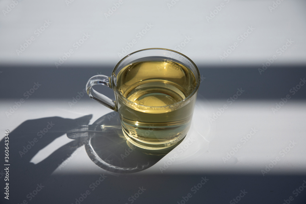 cup of green tea on a white background on a sunny summer day, beautiful shadow from the cup and hand cup of green tea on a white background on a sunny summer day, beautiful shadow from the cup and hand