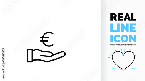 Editable line icon of a hand with a euro sign
