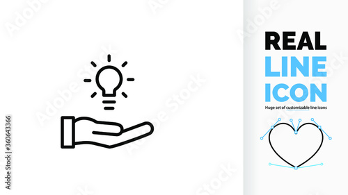 Editable line icon of a hand with a light bulb