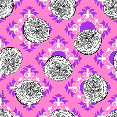 Black and white halves of an orange on a pink background
