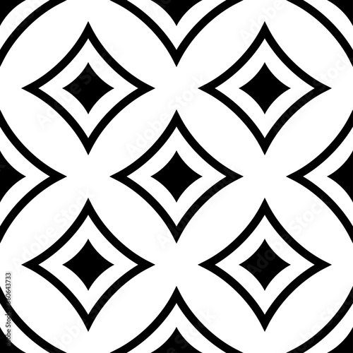Black circles, squares and rhombuses isolated on white background. Monochrome geometric seamless pattern. Hand drawn vector flat graphic illustration. Texture.