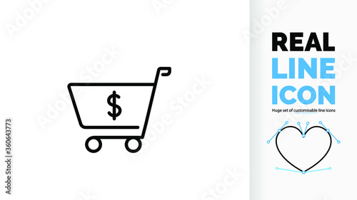 Editable line icon of a shopping cart with a dollar sign, part of a huge set of editable line icons! 