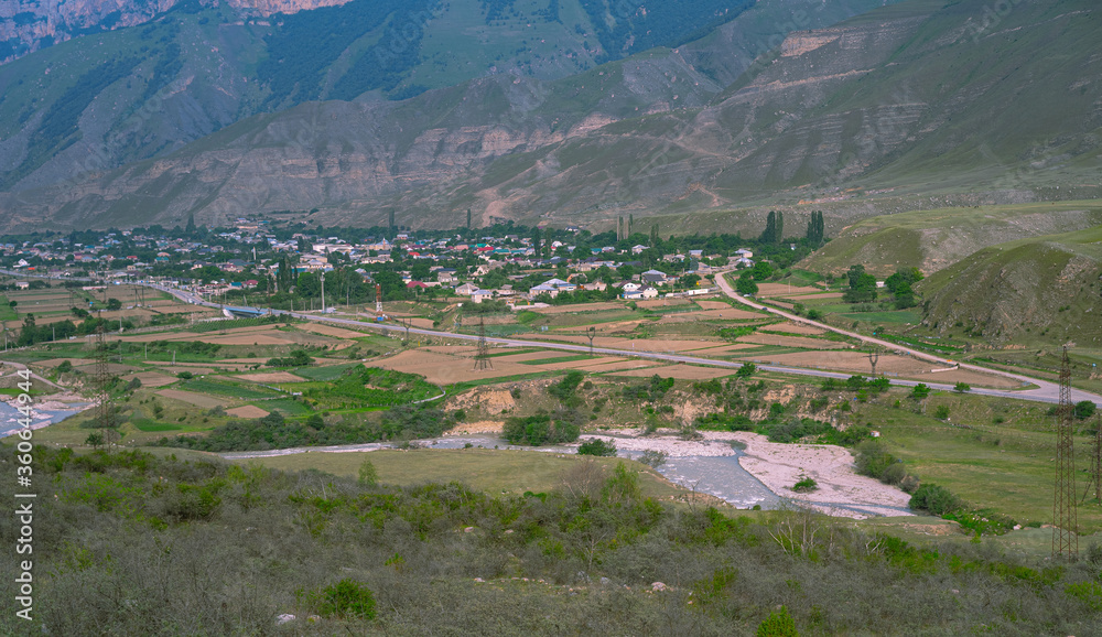 Village with many houses in the mountains
