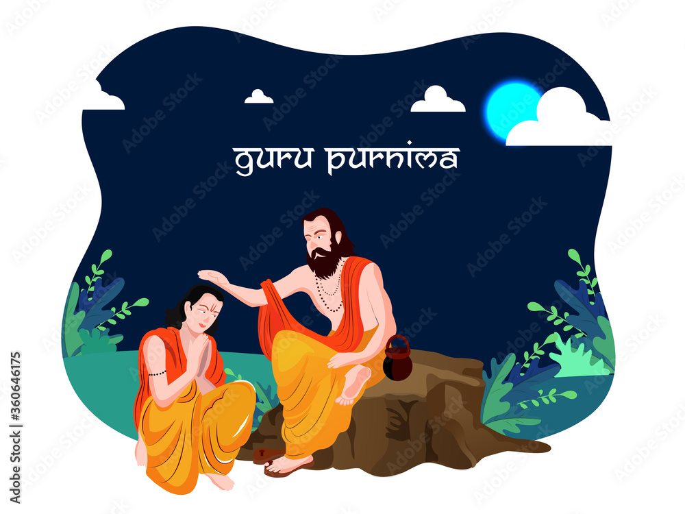 Guru Purnima Illustration , guru or shishya concept of night . festival of hindu, buddhist and nepalese. full moon night.Print - obrazy, fototapety, plakaty 