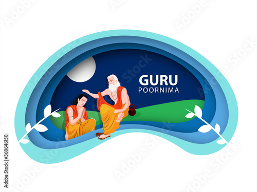 Guru Purnima concept, of paper cutout pattern, illustration of full moon night .
