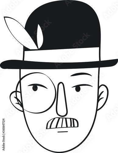 Vector black and white illustration man  portrait with black bowler hat, mustache and monocle, english gentleman
