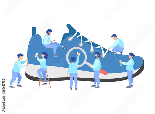 Dry cleaning shoes. A team of tiny people is cleaning a sneaker. Vector illustration in flat style. Banner for cleaning service.
