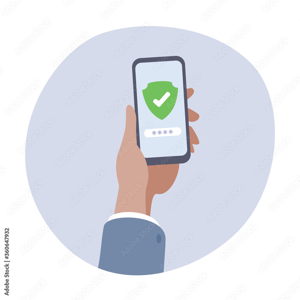 Hand holding smartphone with secure button.Vector illustration of phone system protection.