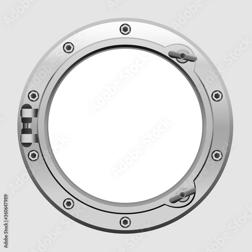 Blank metallic ship porthole.Vector illustration of gold ship porthole with silver metal background. photo