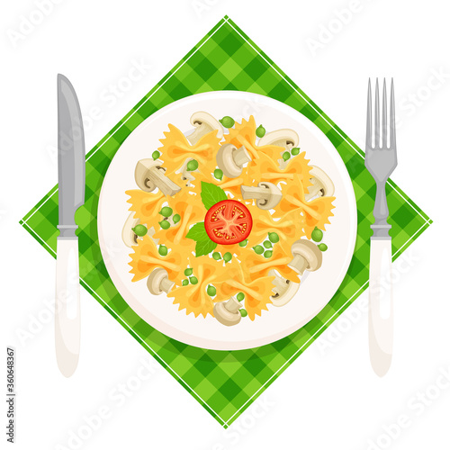 Pasta farfalle top view. The national dish of Italian cuisine. Plate with pasta mushrooms and green peas served on a napkin. Vector illustration in cartoon style isolated on white background.