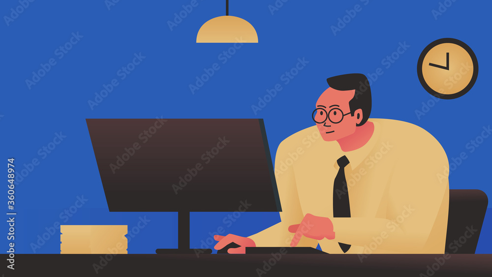 Vector concept illustration of a man working at the desk in the office. Person in a suit and glasses sitting at the computer in a cozy interior. Represents concept of office work, businessman Vector concept illustration of a man working at the desk in the office. Person in a suit and glasses sitting at the computer in a cozy interior. Represents concept of office work, businessman