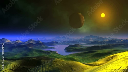 Moon Flies Over Alien Planet. Over green hills and misty mountains flying a large planet. In the dark starry sky, nebulae and the bright orange setting sun. 