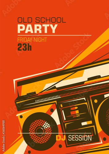 Retro party poster with ghetto blaster. Vector illustration.