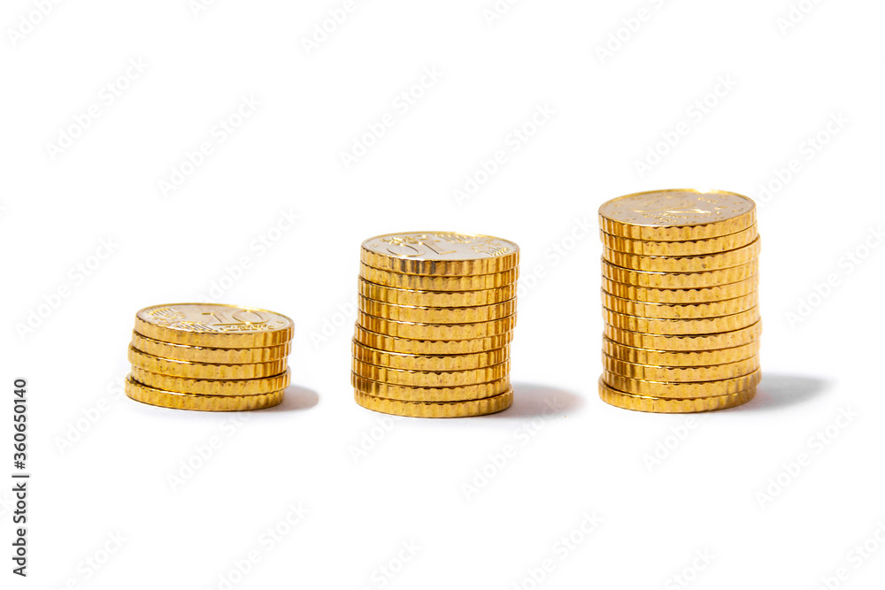 Golden Cents, Euros, stocked in 3 piles separated. Front Golden Cents, Euros, stocked in 3 piles separated. Front