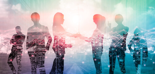 Creative image of many business people conference group meeting on city office building background showing partnership success of business deal. Concept of teamwork, trust and agreement.
