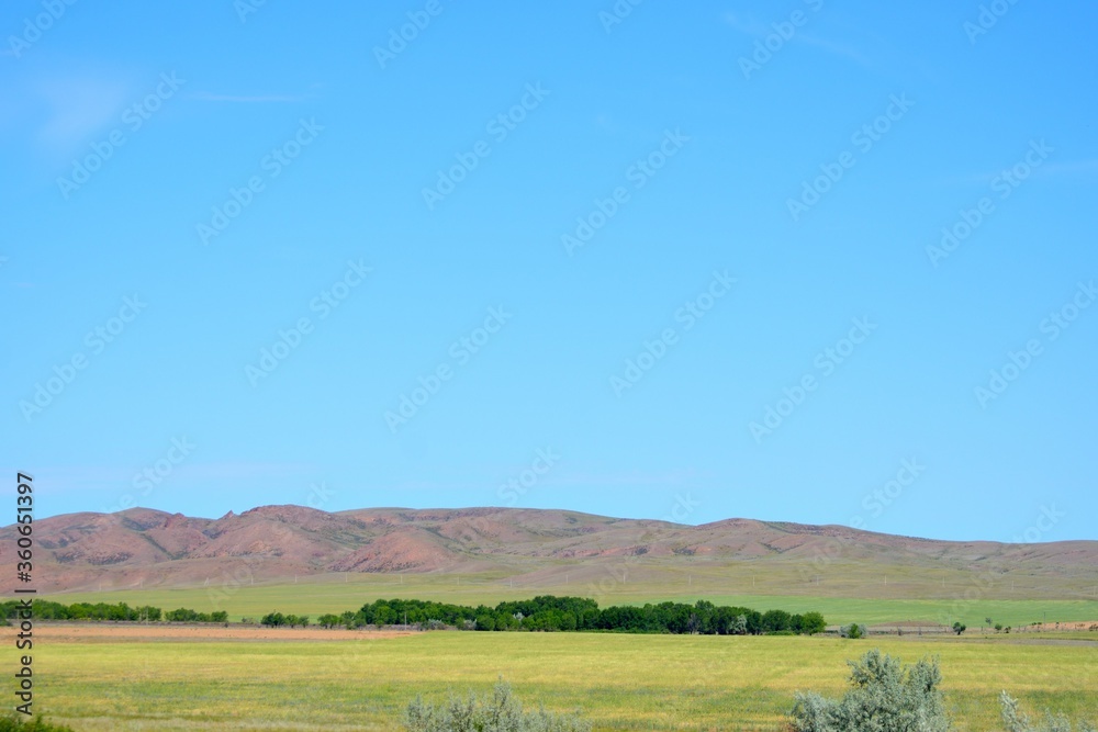 Obraz premium Kazakh steppe summer day landscape on the road A-3 in Kerbulak district of Almaty region, Kazakhstan