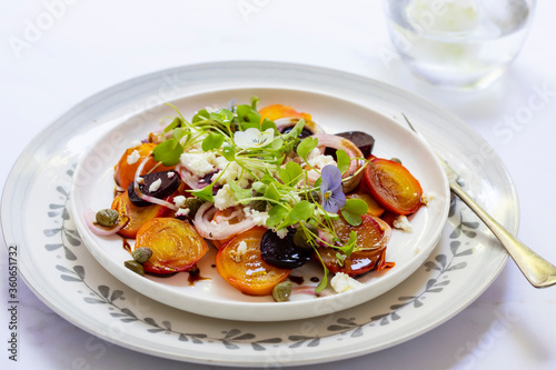 Yellow and red beetroot salad with feta cheese