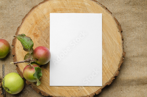 Summer stationery mockup scene with with apples, blue runner, on a beige background in rustic style and natural. Mockup card for greeting card or wedding invitation. Flat lay, top photo