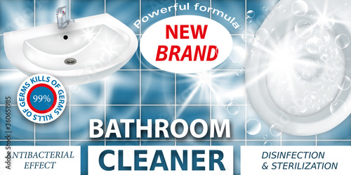 Bathroom cleaner killing bacteria. Cleaning of toilet and ceramic sink. Ad and package design realistic template, 3d illustration.