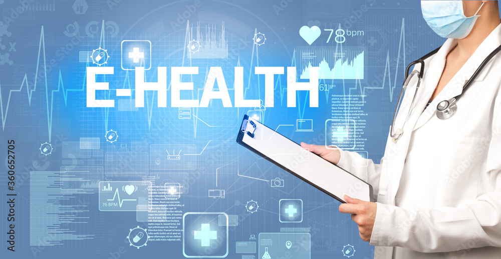 young doctor writing down notes with E-HEALTH inscription, healthcare concept young doctor writing down notes with E-HEALTH inscription, healthcare concept