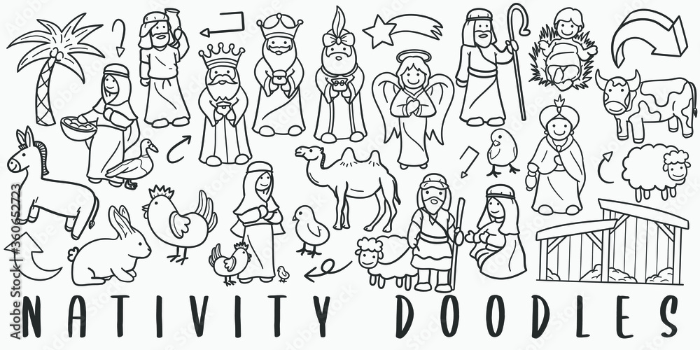 Fototapeta Nativity Christmas Doodle Line Art Illustration. Hand Drawn Vector Clip Art. Banner Set Logos.