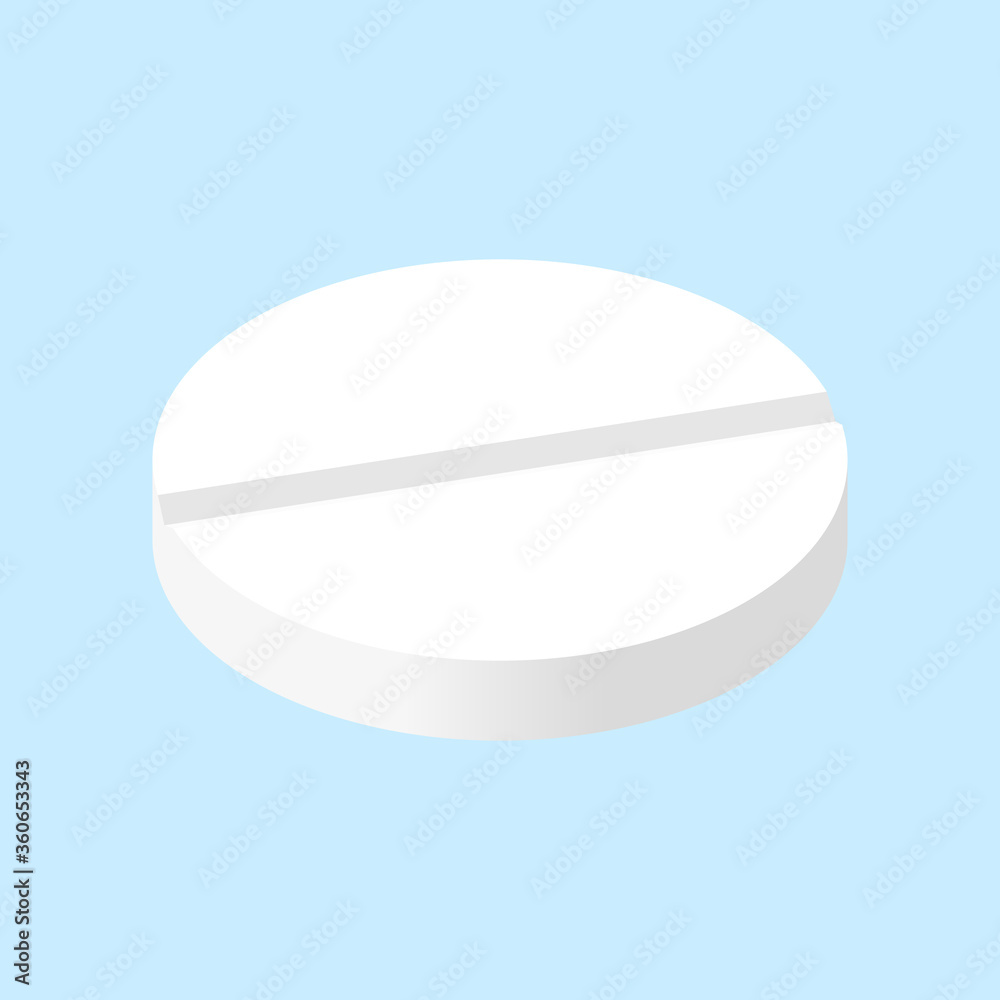White round isometric pill on blue background. Vector illustration. Vector isometric tablet. Medical pill White round isometric pill on blue background. Vector illustration. Vector isometric tablet. Medical pill