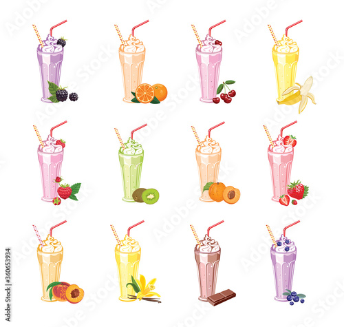 Milkshakes in glasses set. Summer sweet drinks with different berries and fruits isolated on a white background. Vector illustration in cartoon flat style.