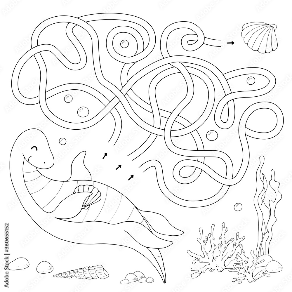 Labyrinth. Maze game for kids. Help cute cartoon swimming dinosaur find path to the sea shell. White and black vector illustration for coloring book. Labyrinth. Maze game for kids. Help cute cartoon swimming dinosaur find path to the sea shell. White and black vector illustration for coloring book.