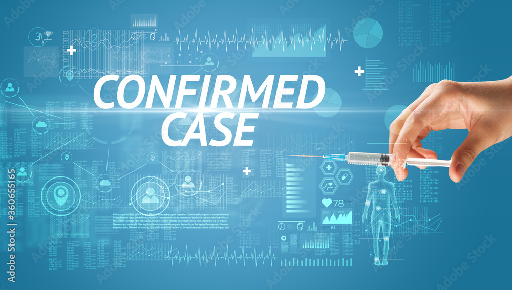Syringe needle with virus vaccine and CONFIRMED CASE inscription, antidote concept Syringe needle with virus vaccine and CONFIRMED CASE inscription, antidote concept